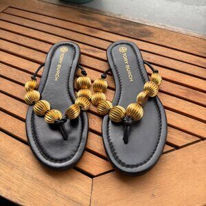 Tory Burch Capri Black and Gold Beaded Sandals For Women Size 6.5